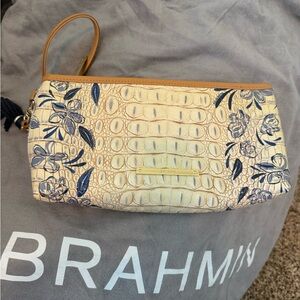 Brahmin Cream and Navy Floral Croc-Embossed Wristlet